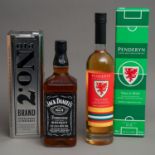1 bottle of Penderyn single malt Welsh whisky and 1 bottle of Jack Daniel's Charcoal Mellowed Old