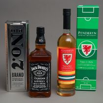 1 bottle of Penderyn single malt Welsh whisky and 1 bottle of Jack Daniel's Charcoal Mellowed Old