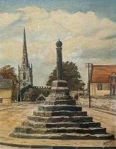 Oil on board depicting the square in Repton, Derbyshire, signed lower right AD Fisher