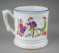 A 19th Century Staffordshire frog mug, three seated Gentlemen in high relief to exterior