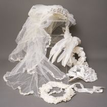 A 1960s full lace ankle length small size wedding dress, full skirt with tulle together a box of