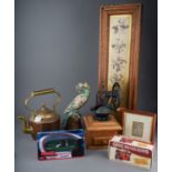 Three boxes of assorted copper and treen to include: pans, kettle, trays, , Wooden puppet, smokers