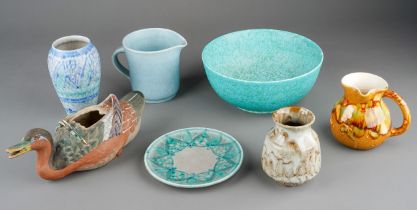 A group of Lancastrian Pottery to include: shape 3285 mottled bowl, 2565 vase; 3309 dish, jug and