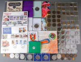 Collection of coins to include current £2 and 50 P coins, commemorative crowns, Royal Mail Stamp