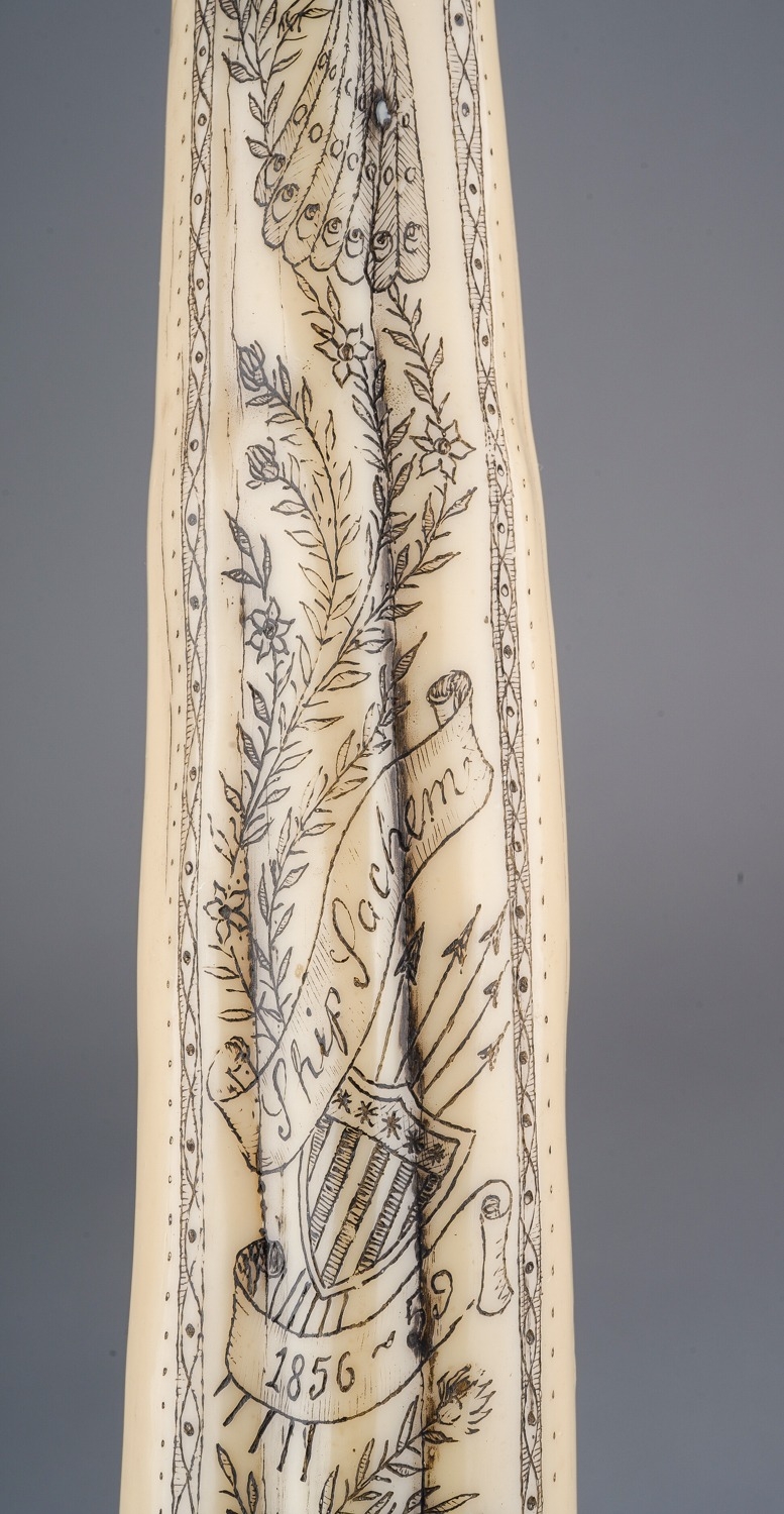 Reproduction resin copy of a scrimshaw walrus tusk, approx 38.5 cm long In good overall condition - Image 4 of 5