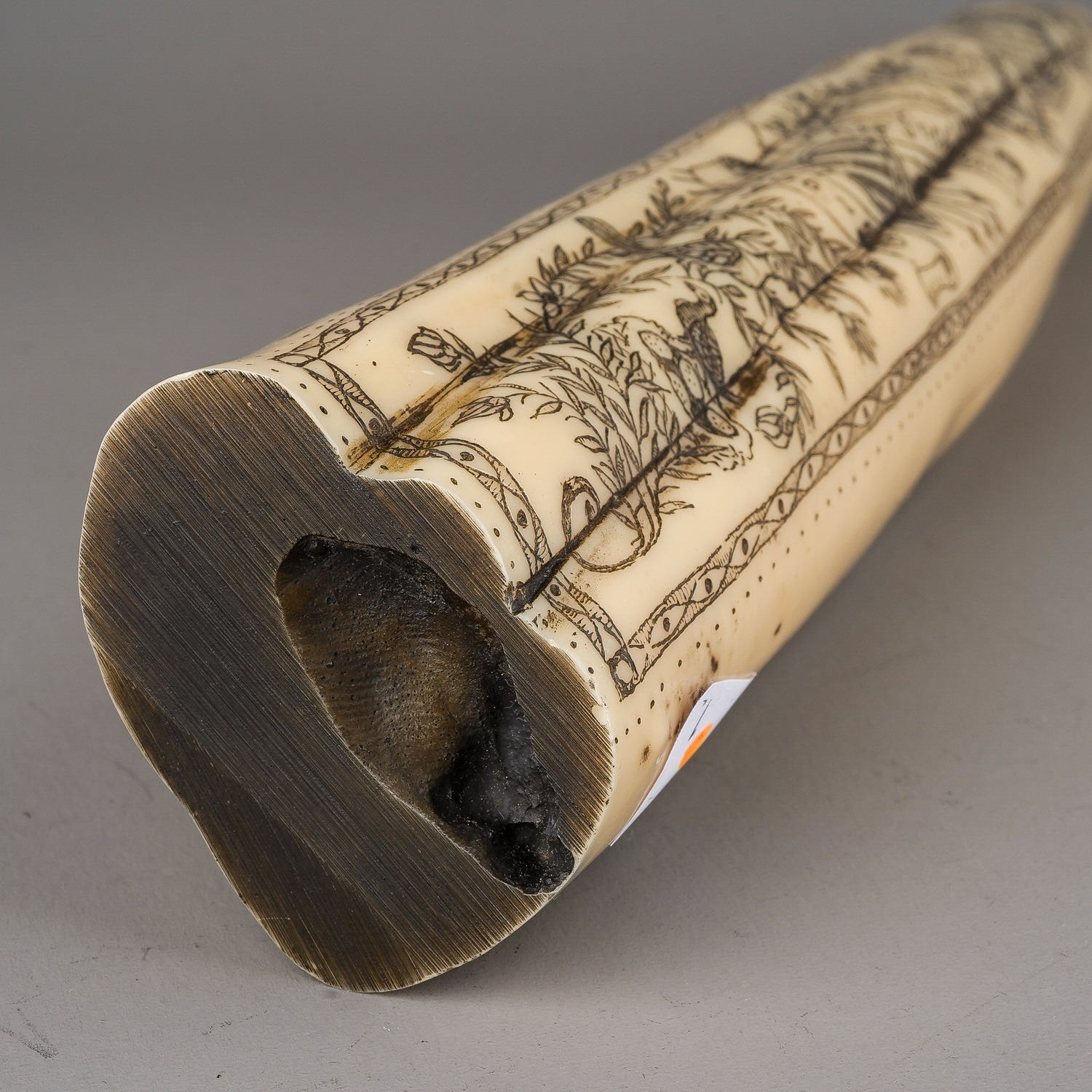 Reproduction resin copy of a scrimshaw walrus tusk, approx 38.5 cm long In good overall condition - Image 3 of 5