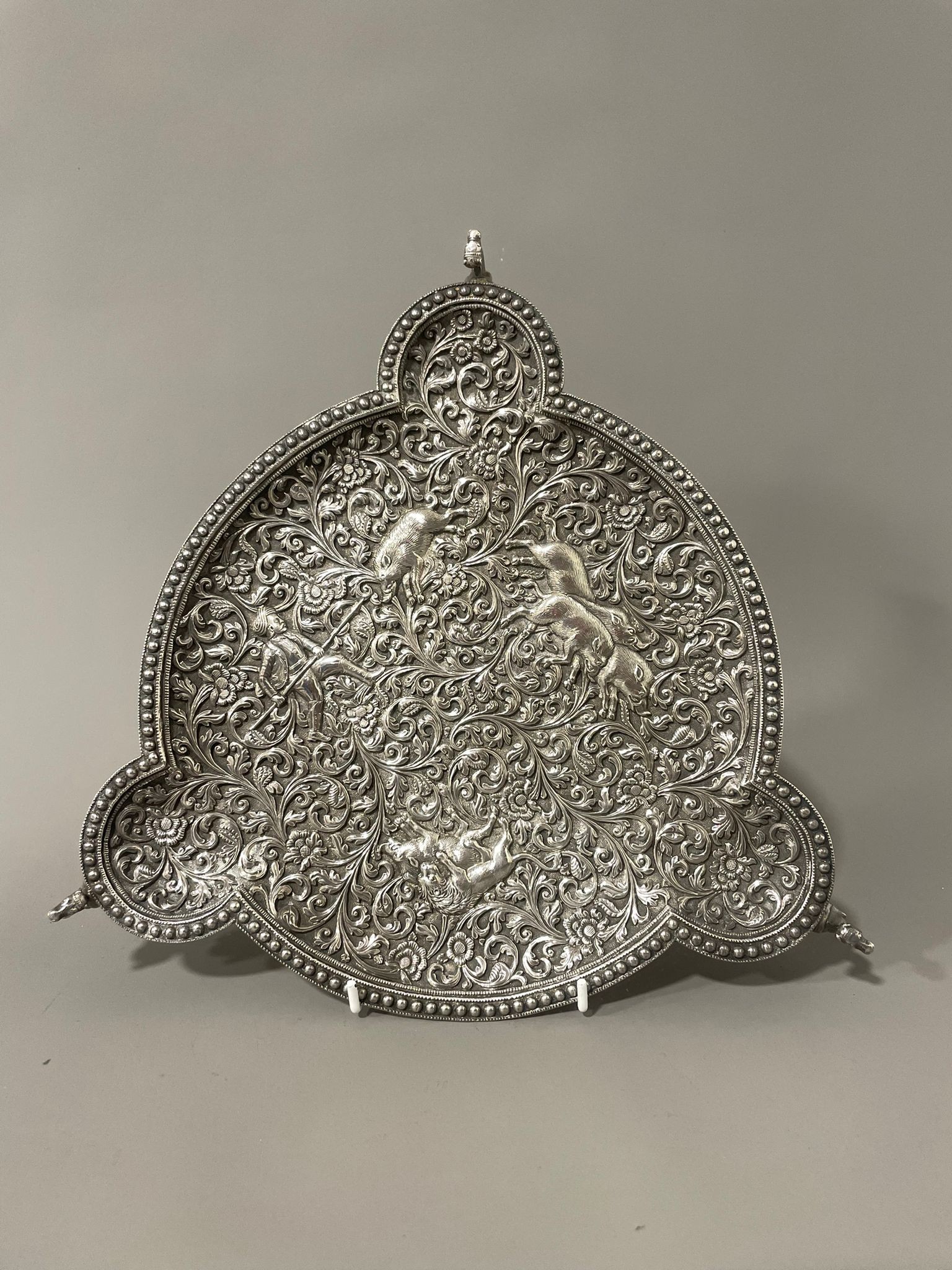 Fine late 19th century Indian Kutch silver tray attributed to Oomersi Mawji of Bhuj. Decorated