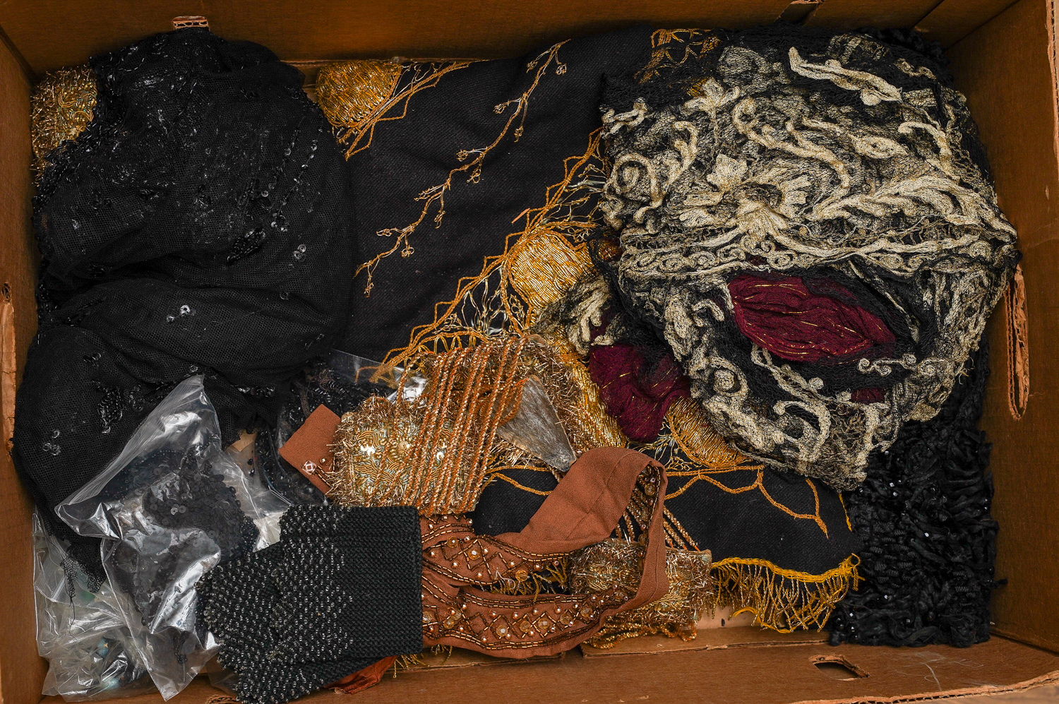 A collection of early 20th Century jet style beaded tassels, beaded Orr gold threaded throws - Image 3 of 4