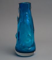Whitefriars turquoise glass vase pattern No. 9612 designed by Harry Dyer 1964 has original paper