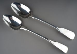 Two early 19th Century silver plain fiddle pattern serving / basting spoons, hallmarked London; 1