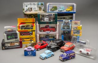 A large collection of classic and modern diecast vehicles with much Morris Minor interest.