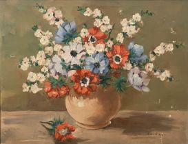 20th Century School Flower Study oil on canvas, 39 x 49cm signed Lechner lower right, label verso,