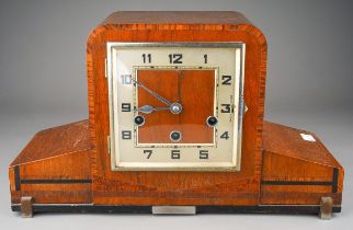 An Art Deco style mantle clock, inlaid case, Haller 12cm movement