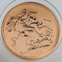 Proof gold sovereign in box, year 2000. In good condition