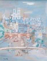 Jean Dufy (1888-1964), Isle de la Cite, a watercolour and gouache embellished print on buff paper,