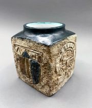 Troika pottery vase in a square form, marked to base, approx. 9.5 cm tall 2 hairlines running from