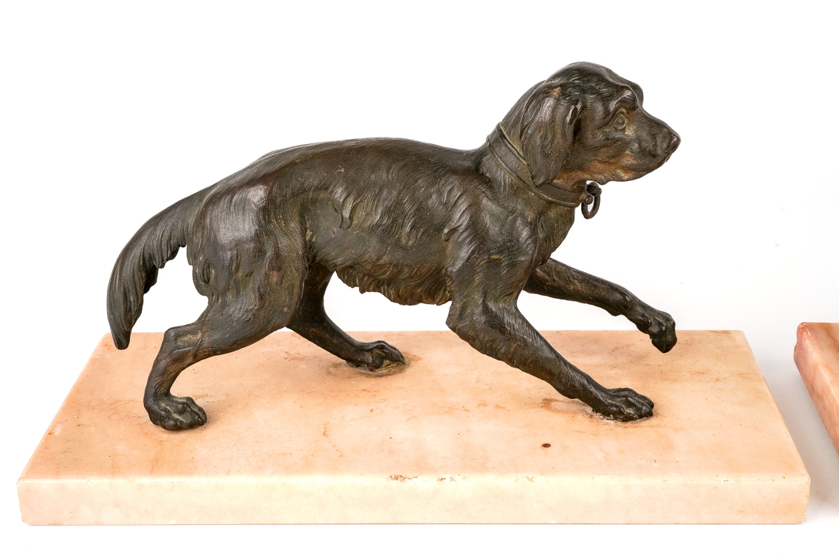 Pair of antique animalier bronze dogs on marble bases, circa 1890s, bases measure 28 x 12 cm In good - Image 2 of 4