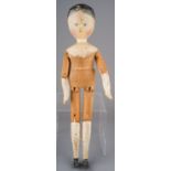 Circa 1870 peg doll, no clothing, hand painted face, hands and legs, articulated limbs. Aprrox 38 cm