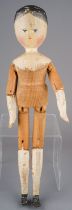 Circa 1870 peg doll, no clothing, hand painted face, hands and legs, articulated limbs. Aprrox 38 cm