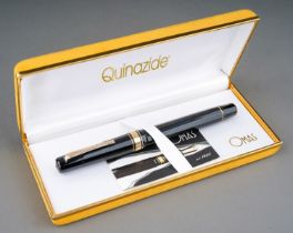 An Omas Milord black fountain pen, the gold nib stamped OMAS 585, the cover with Greek Key