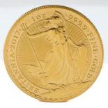 Queen Elizabeth II, 2017 Gold Uncirculated 1oz Britannia, 100 Pounds, struck in .9999 gold, with