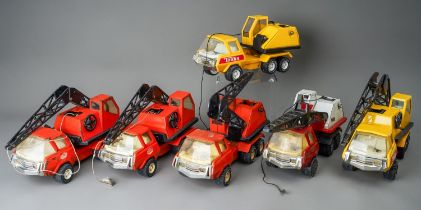 Tonka Toys. A collection of medium scale 6 wheel crane trucks, 4 red and 2 yellow AF (6)