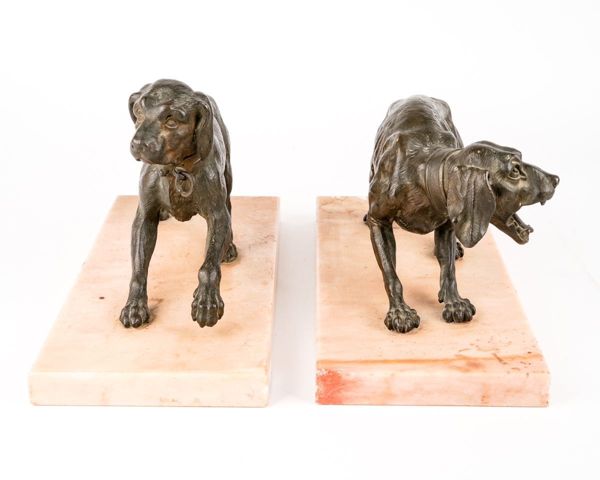 Pair of antique animalier bronze dogs on marble bases, circa 1890s, bases measure 28 x 12 cm In good - Image 4 of 4