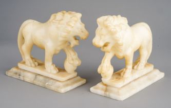 Grand Tour: a pair of carved alabaster Medici Lions after the Antique by Flaminio Vacca in Loggia