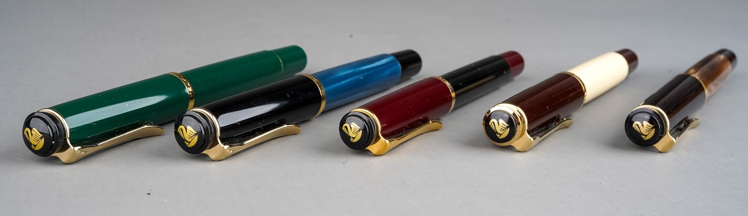 Five Pelikan fountain pens, each cover band stamped PELIKAN, colour combinations include: burgundy & - Image 2 of 5