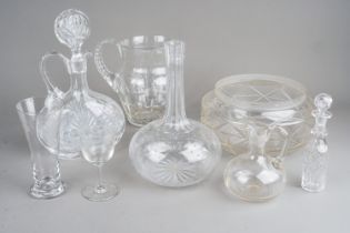 Seven boxes of assorted cut and moulded glass to include: condiment jars, drinking glasses,