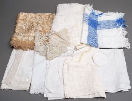 Assorted vintage linen, cotton, crochet and lace table or bed ware to include runners, blankets, net