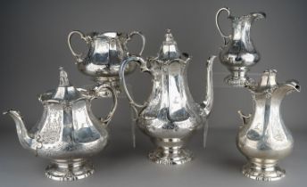 An early Victorian matched five piece tea and coffee service to include teapot, coffee jug, sugar