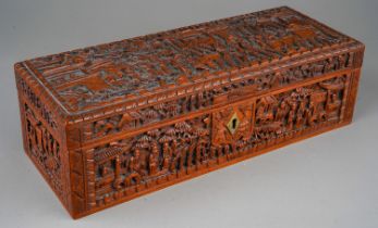 Chinese Canton carved Sandalwood/Boxwood box. Profusely carved with figures in a landscape. The