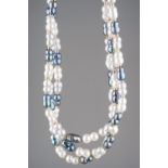 Cultured Pearl Necklace with clasp marked 14K. Twin pearls in three colours, white, pink and blue