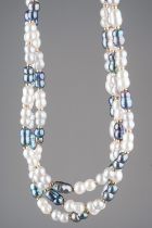 Cultured Pearl Necklace with clasp marked 14K. Twin pearls in three colours, white, pink and blue