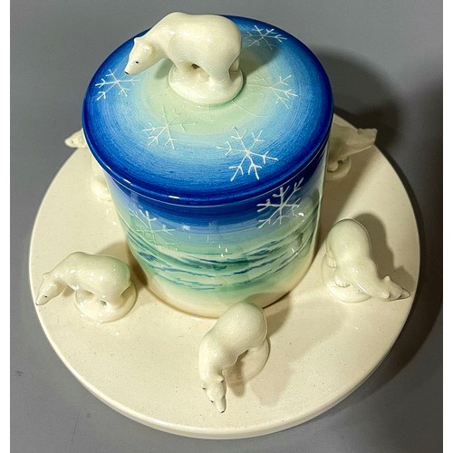 A Dennis China Works preserve pot and stand, cylindrical jar and cover with polar bear finial, the - Image 3 of 7