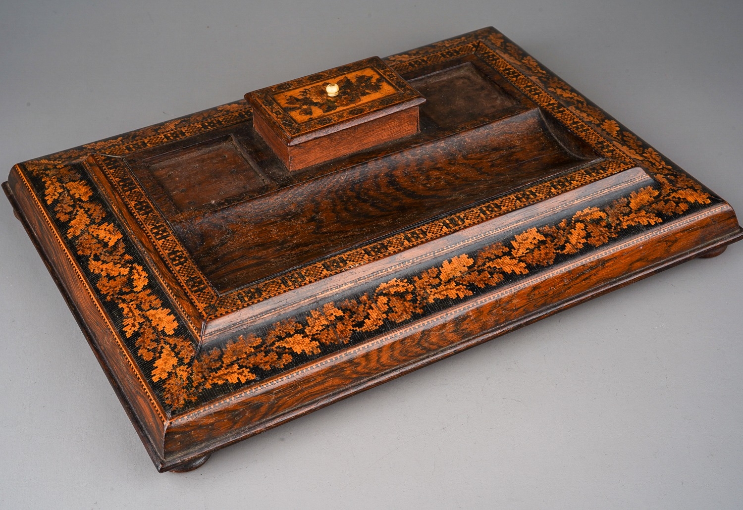 Tunbridge ware desk ink stand/standish. Lacks its glass inkwells, but otherwise in good condition. - Image 2 of 5