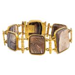 A 19th century gilt metal and agate bracelet, set with six rectangular polished agate panels, approx