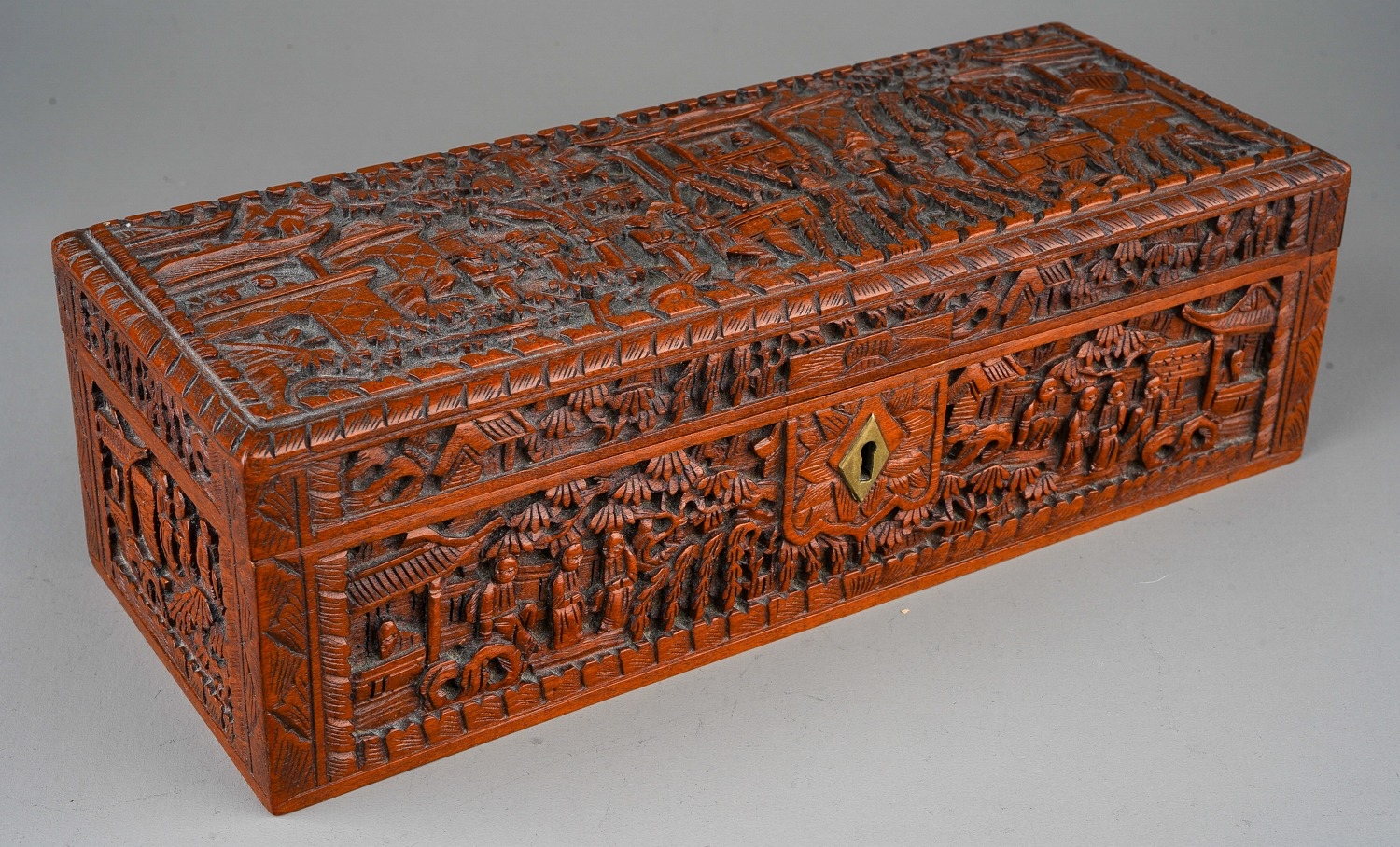 Chinese Canton carved Sandalwood/Boxwood box. Profusely carved with figures in a landscape. The - Image 2 of 5