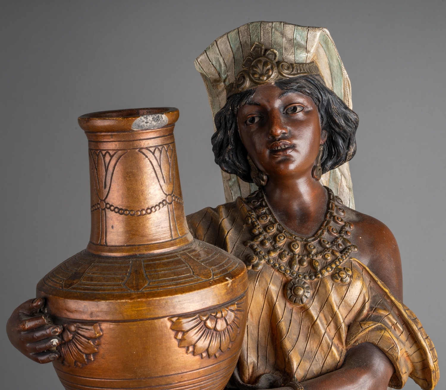 Large 19th century Johann Maresch Austrian Terra Cotta figure of a North African maiden carrying a - Image 4 of 12