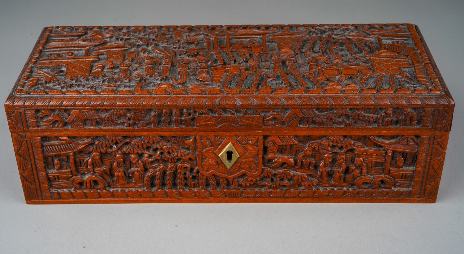 Chinese Canton carved Sandalwood/Boxwood box. Profusely carved with figures in a landscape. The - Image 5 of 5