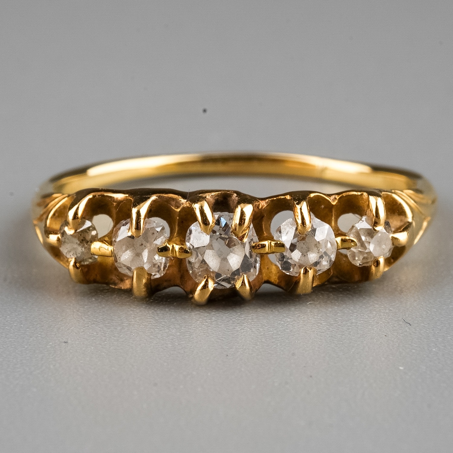 A yellow gold and diamond five-stone ring, set with graduated old-cut diamonds, size Q1/2, - Image 3 of 5