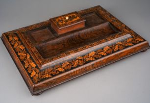 Tunbridge ware desk ink stand/standish. Lacks its glass inkwells, but otherwise in good condition.