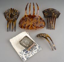Four early 20th Century faux tortoiseshell hair slides/Mantila combs and an Edwardian silver mounted
