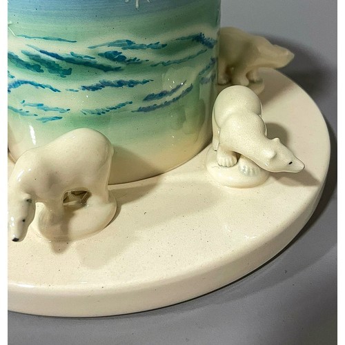 A Dennis China Works preserve pot and stand, cylindrical jar and cover with polar bear finial, the - Image 4 of 7