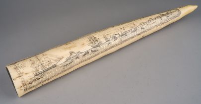 Reproduction resin copy of a scrimshaw walrus tusk, approx 38.5 cm long
