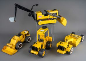 Tonka Toy. A group of medium sized construction vehicles in yellow, including scraper and forklift