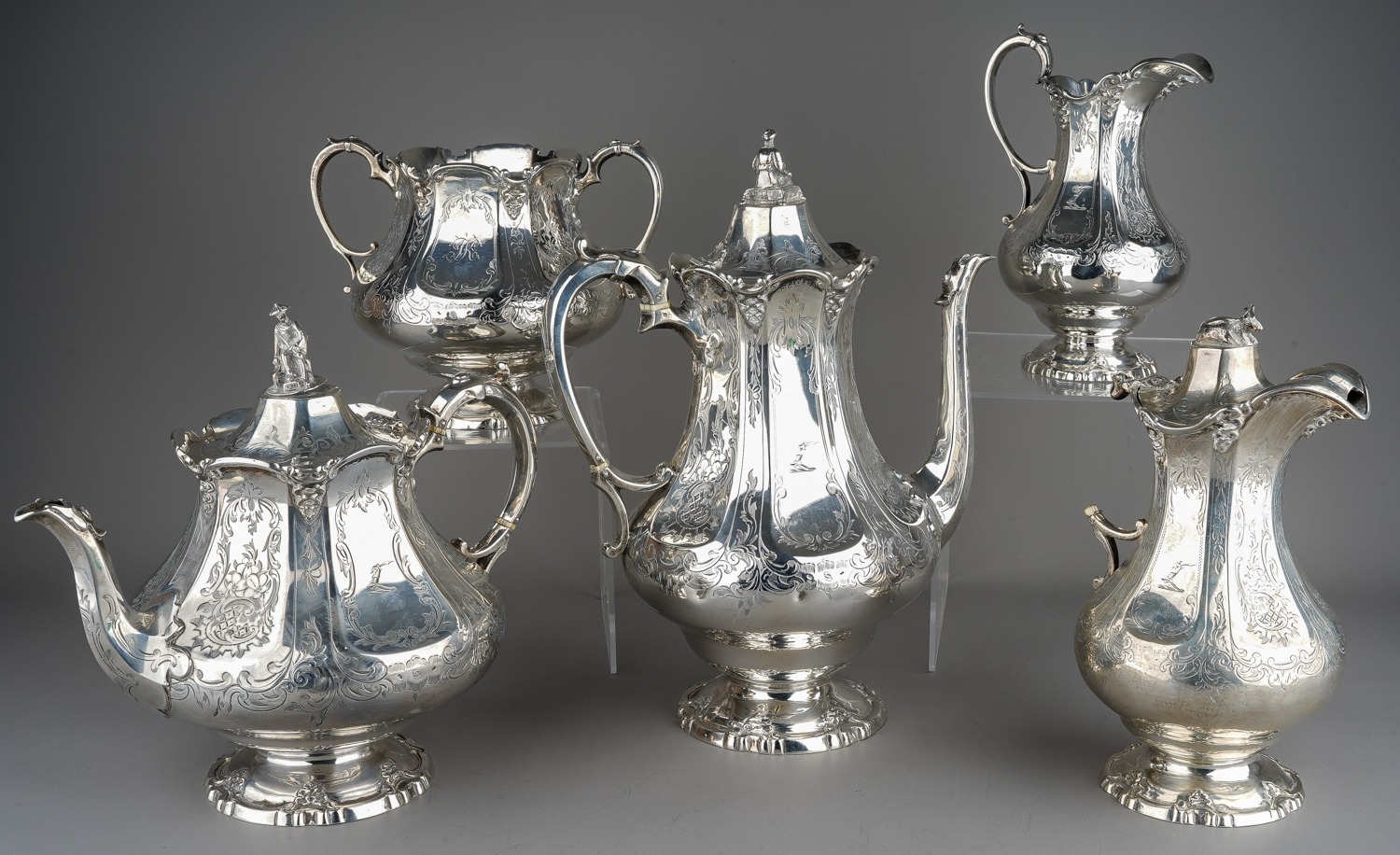 An early Victorian matched five piece tea and coffee service to include teapot, coffee jug, sugar - Image 2 of 18