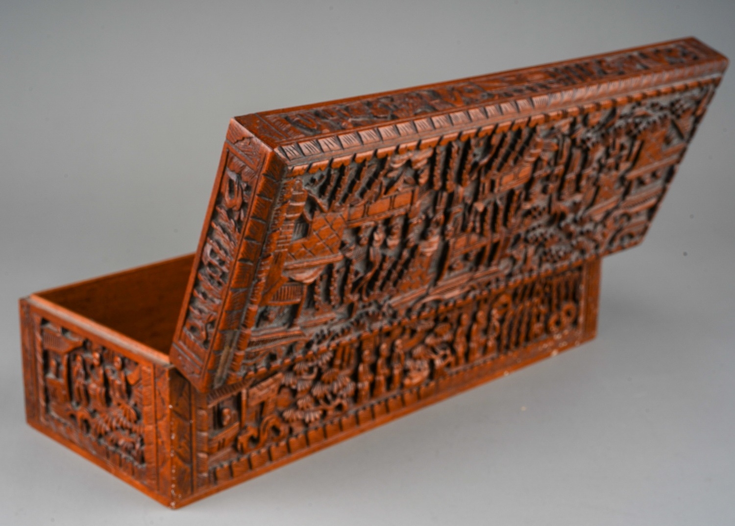Chinese Canton carved Sandalwood/Boxwood box. Profusely carved with figures in a landscape. The - Image 4 of 5