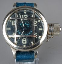 A Russian USSR/CCCP oversized divers watch, steel case with protective grill, black enamel dial with